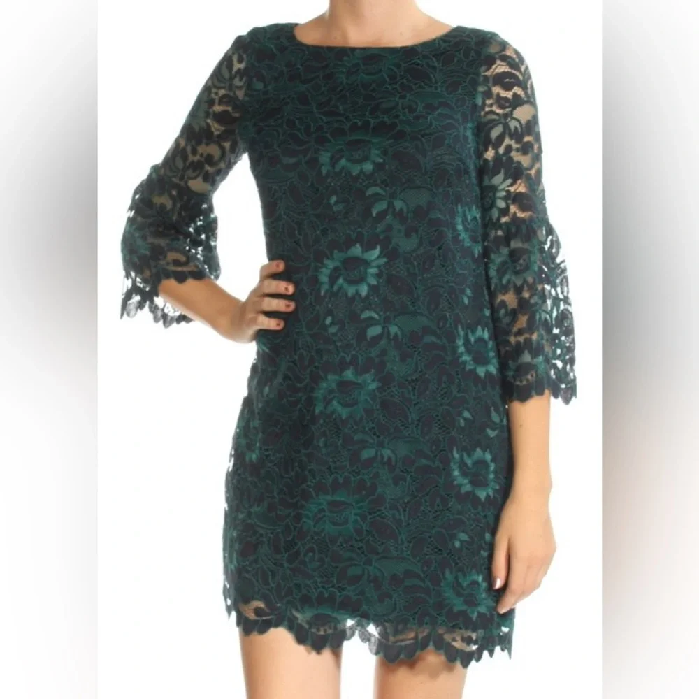 Green Lace Shift Dress with Scalloped Hem